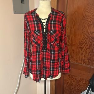 Express L Plaid Rayon Top red & black Flannel Look Lace Front Shirt Blouse